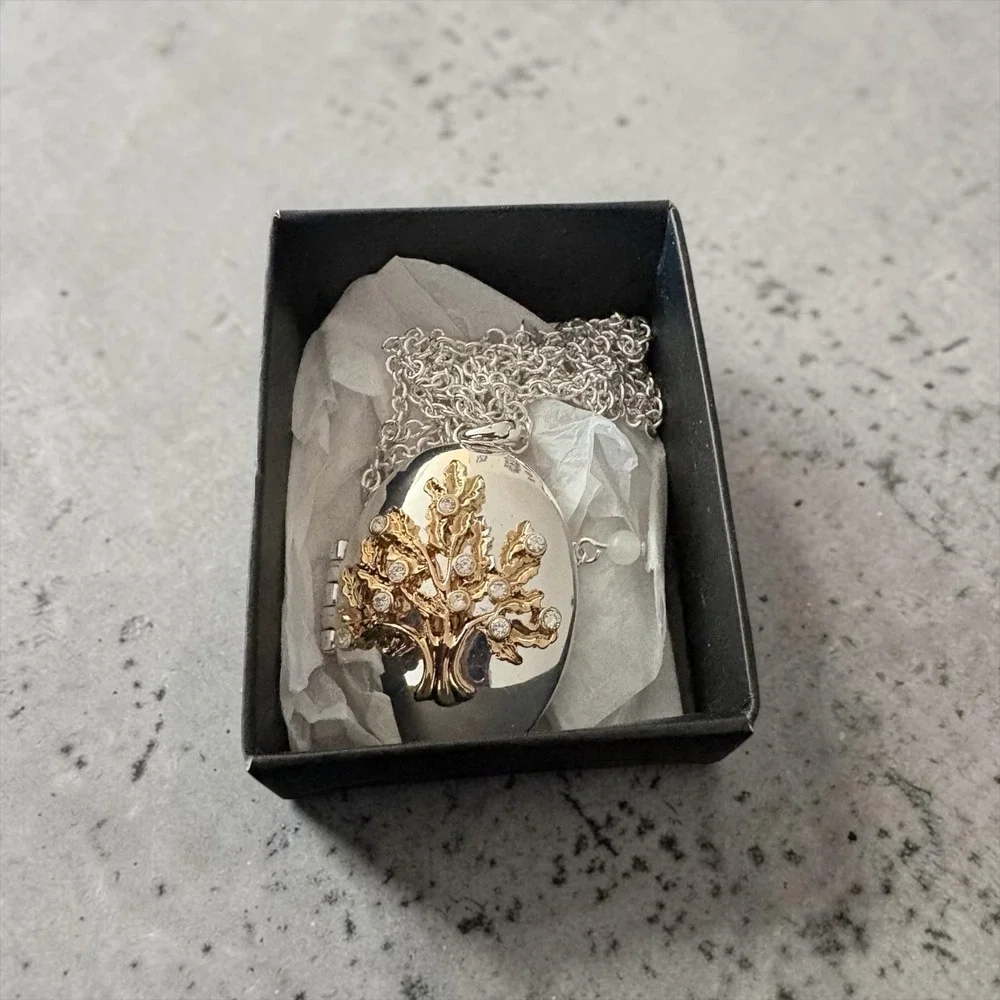 Avon My Why Tree of Life Locket Necklace Silver Gold Tone Crystal Oval Pendant